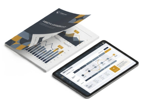 Der Abschlussbericht nach einer Customer Journey & KI Potenziale Beratung, nebenan ein Tablen mit einer digitalen Abbildung einer Customer Journey.